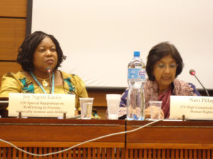 UN High Commissioner for Human Rights (right), Ms Navi Pillay, and UN Special Rapporteur on Trafficking in Persons, Ms Joy Ngozi Ezeilo, speaking in Geneva at the COMP.ACT panel-discussion on compensation for trafficking victims.