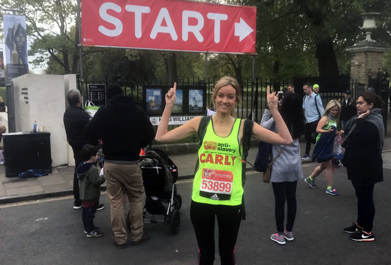 Carly Parson ahead of marathon in which she raise over £4,000 for Anti-Slavery International.