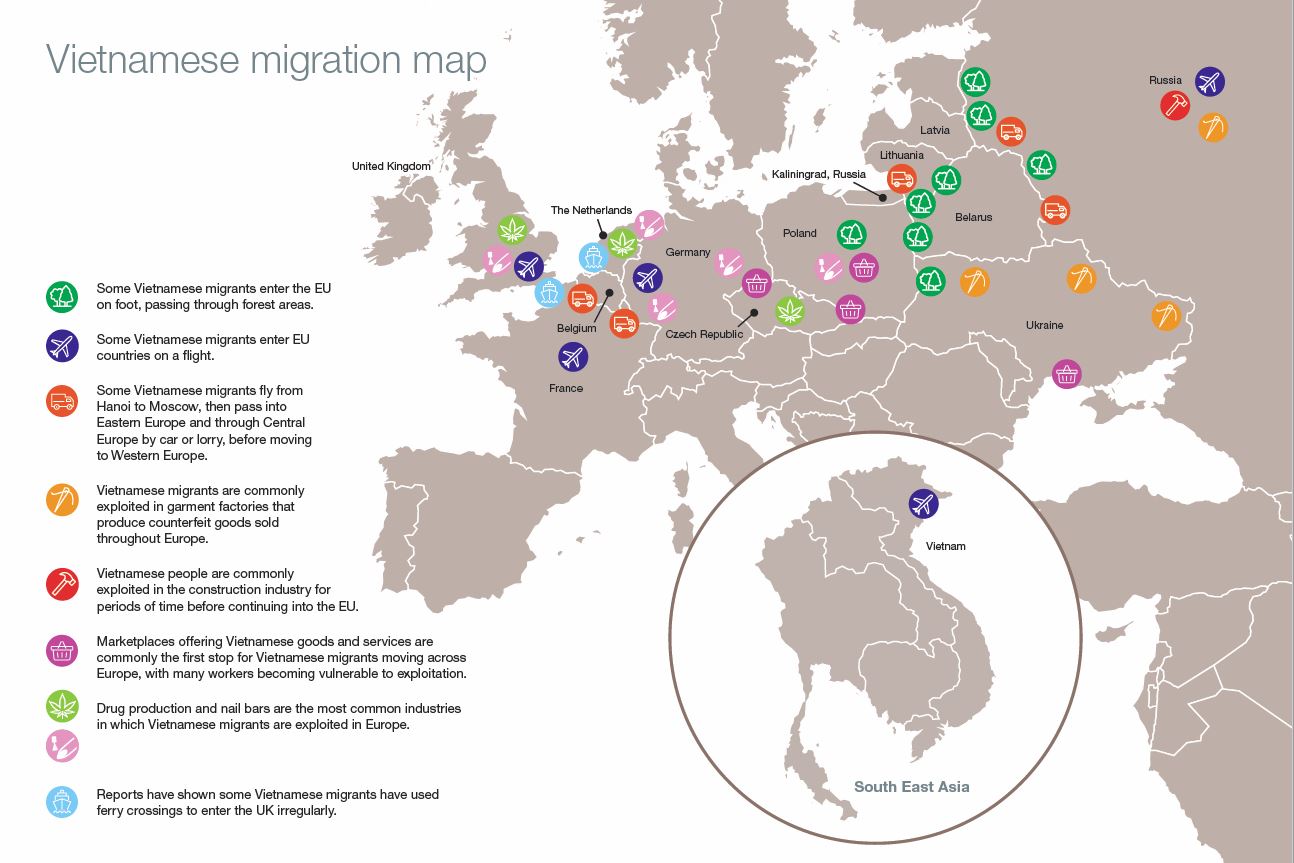 Map - exploitation of Vietnamese mgirants in Europe
