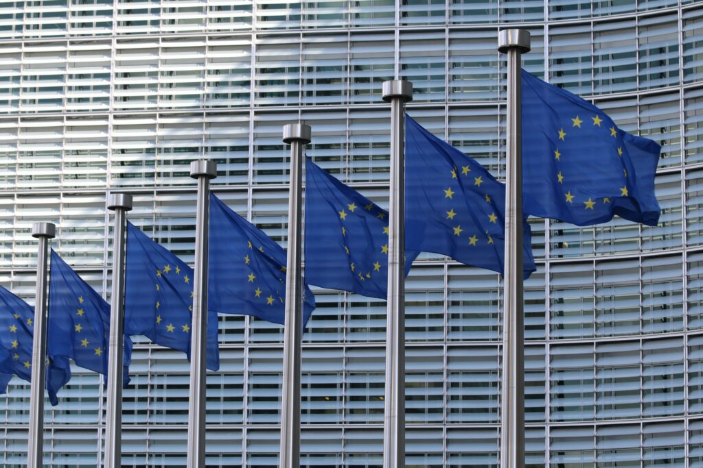 EU flags in front of the European Commission as the EU debates forced and child labour