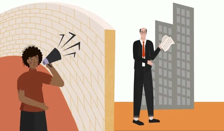 Illustration showing a person with a loudspeaker and a businessperson