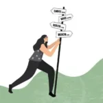 Illustration showing a woman with a confusing and contradictory signpost