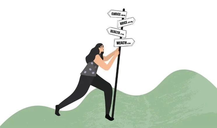 Illustration showing a woman with a confusing and contradictory signpost