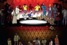 An illustration showing a football stadium. Above the stadium are footballers, businessmen and dignitaries with cash on the floor. Below the stadium are migrant workers.