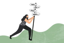 Cartoon graphic showing a woman struggling with a signpost labelled Choice 600miles, Voice 1023 miles, Health 27 miles, Wealth 92 miles, pointing in opposing directions