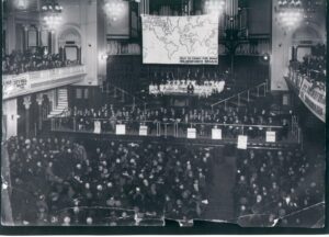 Black and white photo showing a packed hall of anti-slavery campaigners in Hull, around 1928.