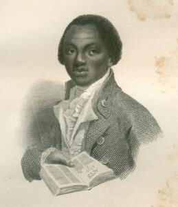 Portrait of the British abolitionist Olaudah Equiano, pictured holding a Bible open to Acts.
