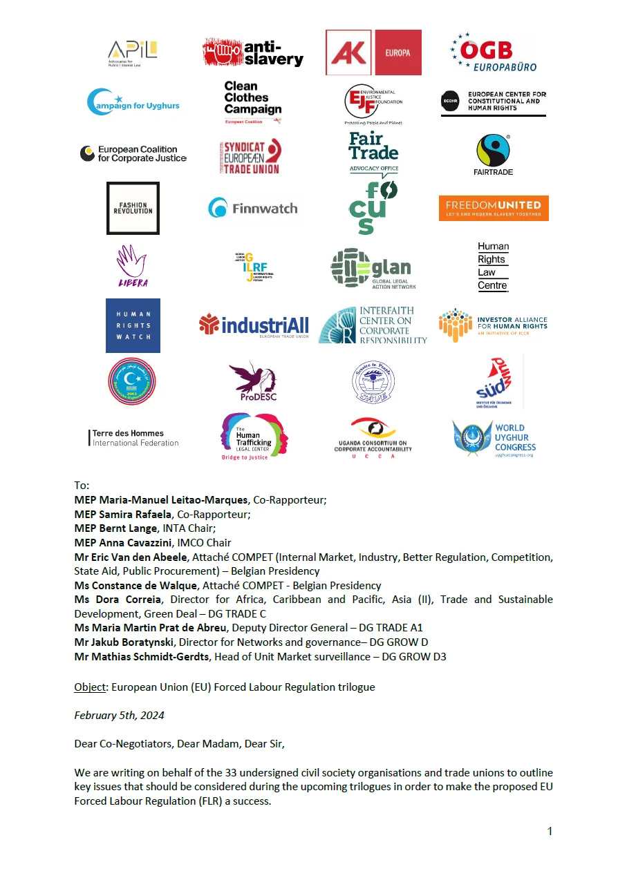 Open letter to the EU Forced Labour Regulators Negotiators cover