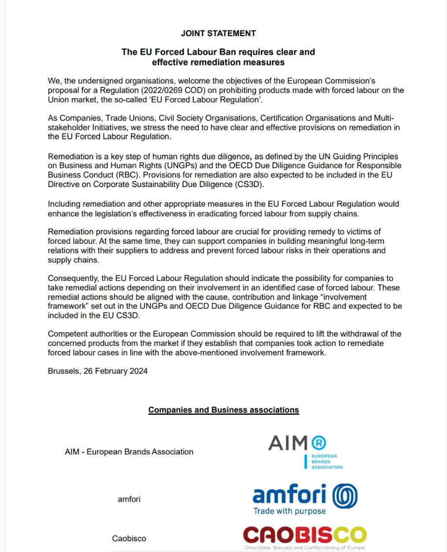 The EU Forced Labour Ban requires clear and effective remediation measures: Statement to the negotiators cover