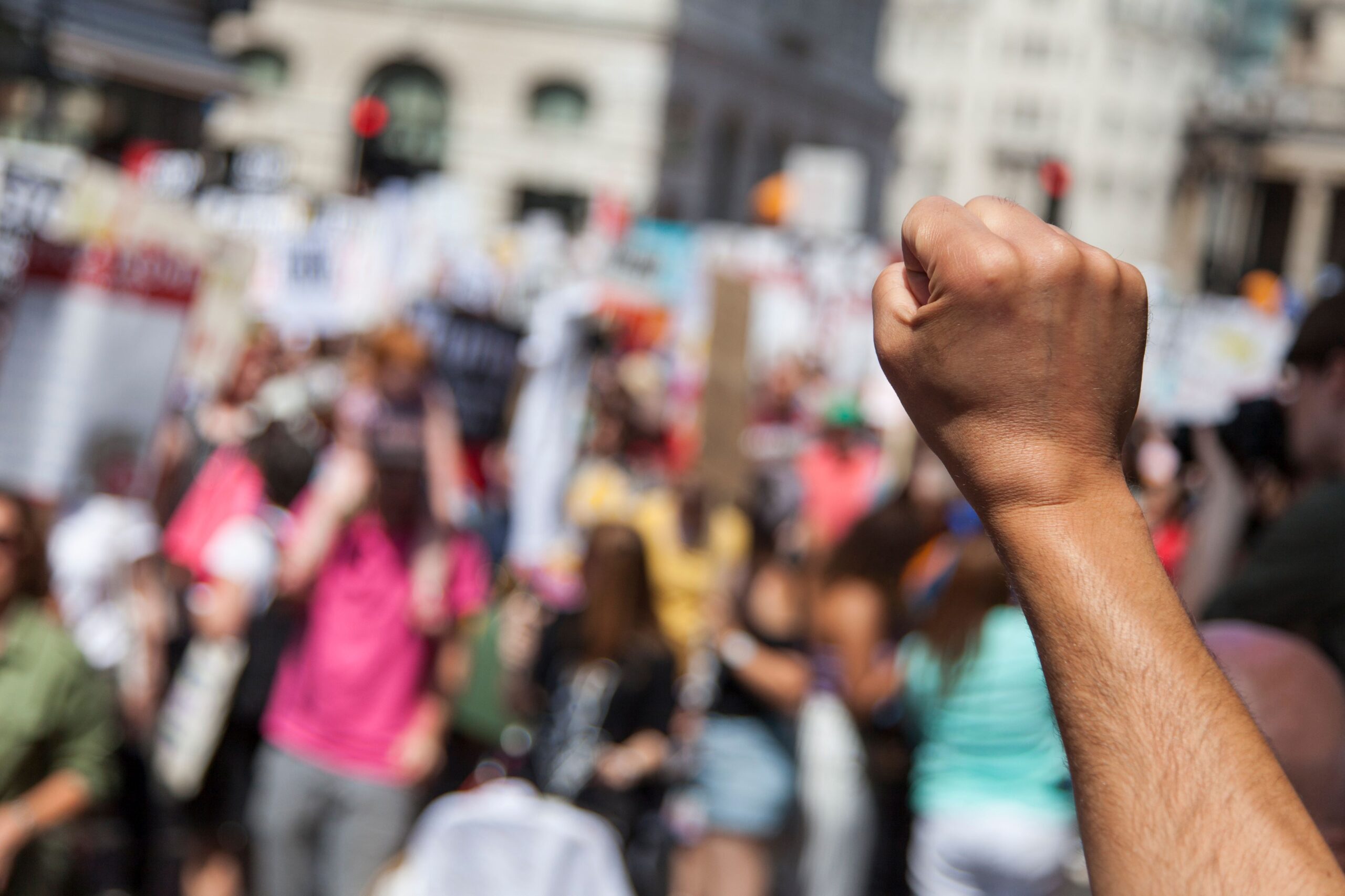 A raised fist in front of a crowd of people