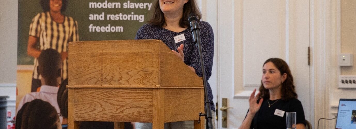 CEO of Anti-Slavery International Jasmine O'Connor OBE speaking at the Annual Supporter Conference in 2022