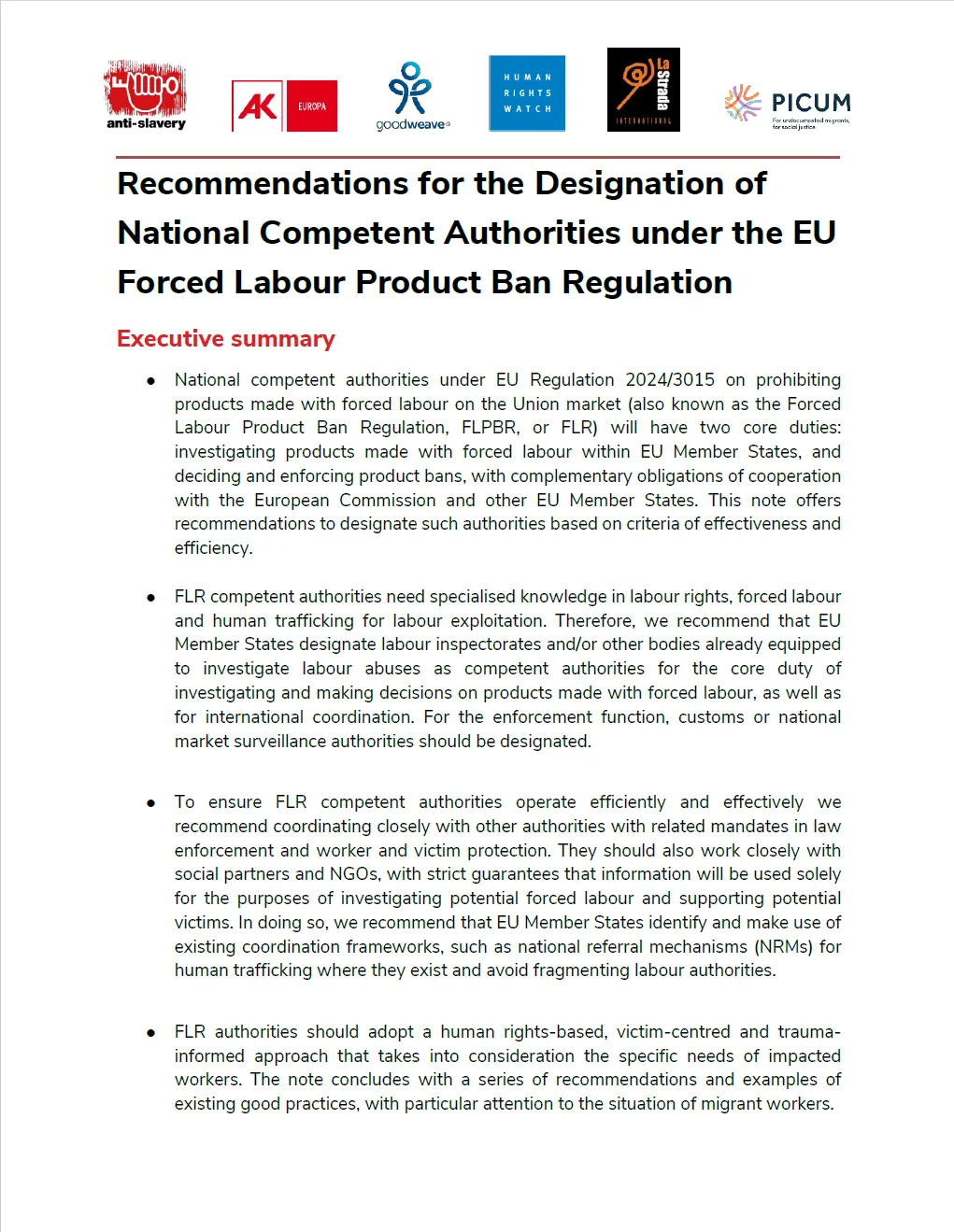 Recommendations for the Designation of National Competent Authorities under the EU Forced Labour Product Ban Regulation cover