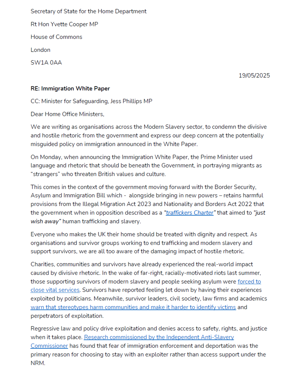 Thumbnail is a screenshot of the first page of the open letter to the UK Government on the Immigration White Paper.