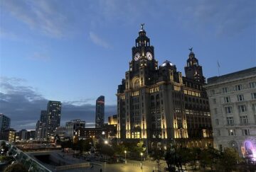 The Royal Liver Building in Liverpool in the evening.