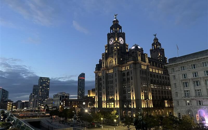 The Royal Liver Building in Liverpool in the evening.