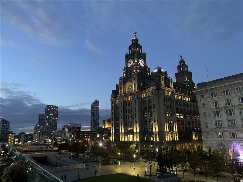 The Royal Liver Building in Liverpool in the evening.