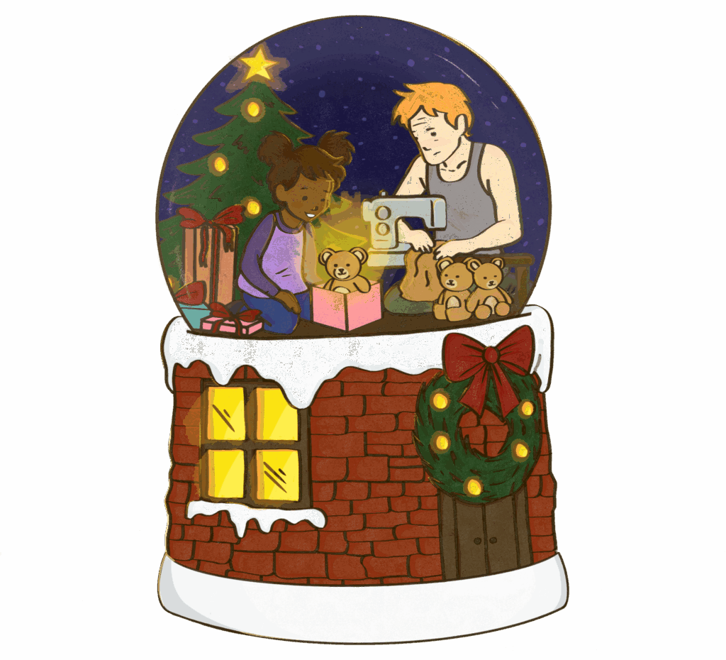 A snow globe with a festive scene