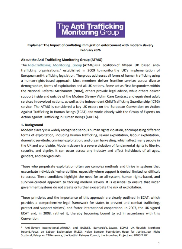 ATMG Conflation Briefing: The Impact of conflating immigration enforcement with modern slavery, February 2026 cover