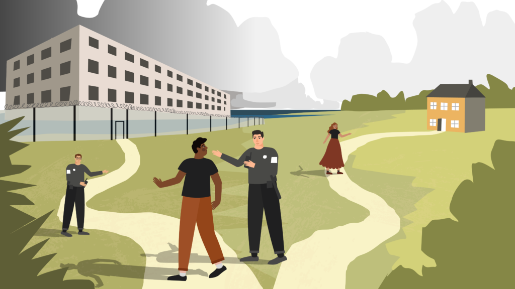 An illustration of a person who has been referred as a potential victim of modern slavery via the National Referral Mechanism is taken to a Home Office detention centre, rather than being able to seek support in a safe house.”