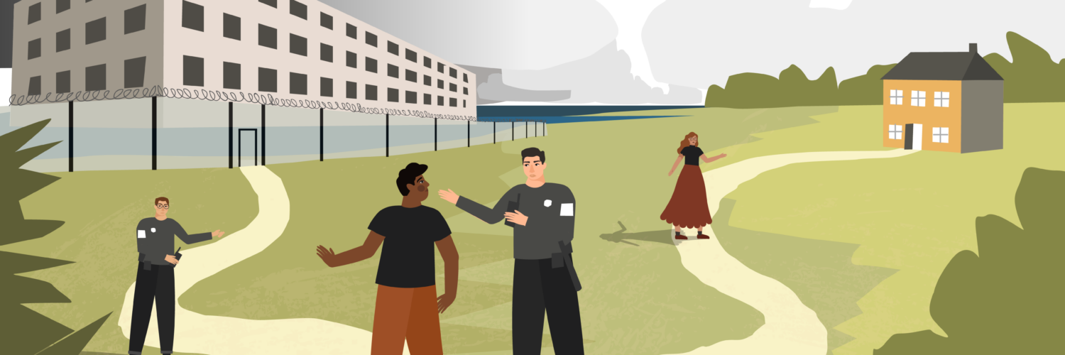 An illustration of a person who has been referred as a potential victim of modern slavery via the National Referral Mechanism is taken to a Home Office detention centre, rather than being able to seek support in a safe house.”