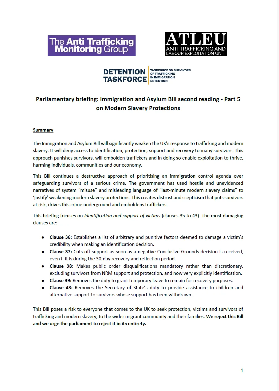 Parliamentary briefing: Immigration and Asylum Bill second reading cover