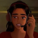 Still from an animation showing a woman in a cyber scam centre