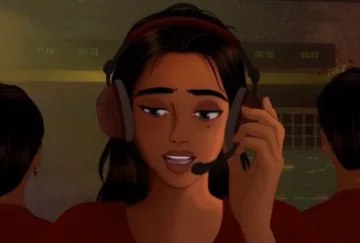 Still from an animation showing a woman in a cyber scam centre