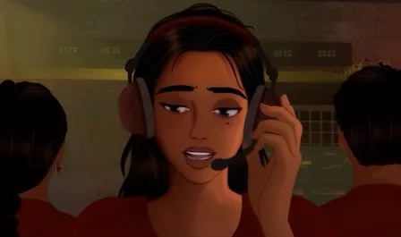 Still from an animation showing a woman in a cyber scam centre