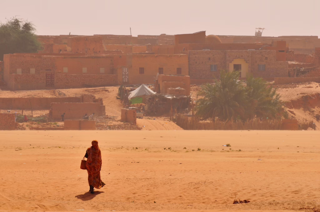 Woman in a dry riverbed, Wadi or Oued, in front of the historic centre, Chinguetti, Adrar Region, Mauritania