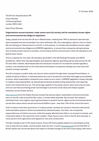 Open letter to the UK Prime Minister: Organisations and businesses call for mandatory human rights and environmental due diligence legislation cover